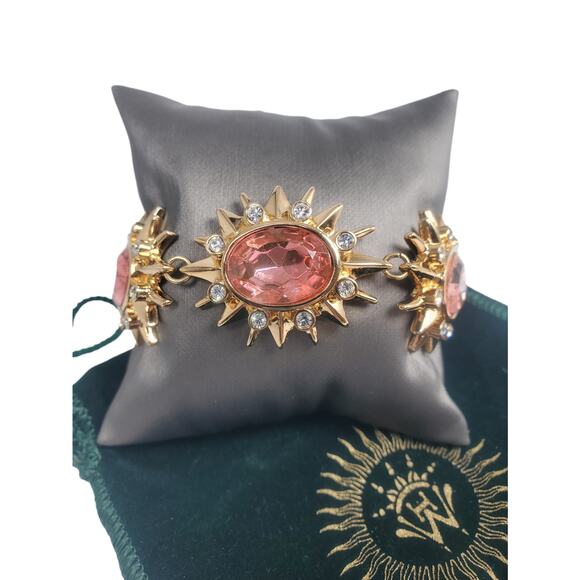 Vtg Hutton Wilkinson Pink Crystal Starburst Gold-Plated Link Bracelet-NIB - Picture 1 of 6